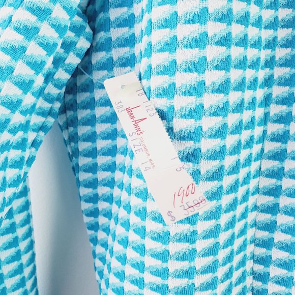 Vintage 60s Jean-Ann's ILGWU Cyan Blue Career Houndstooth Print Shirt Dress, 14 - Picture 8 of 9